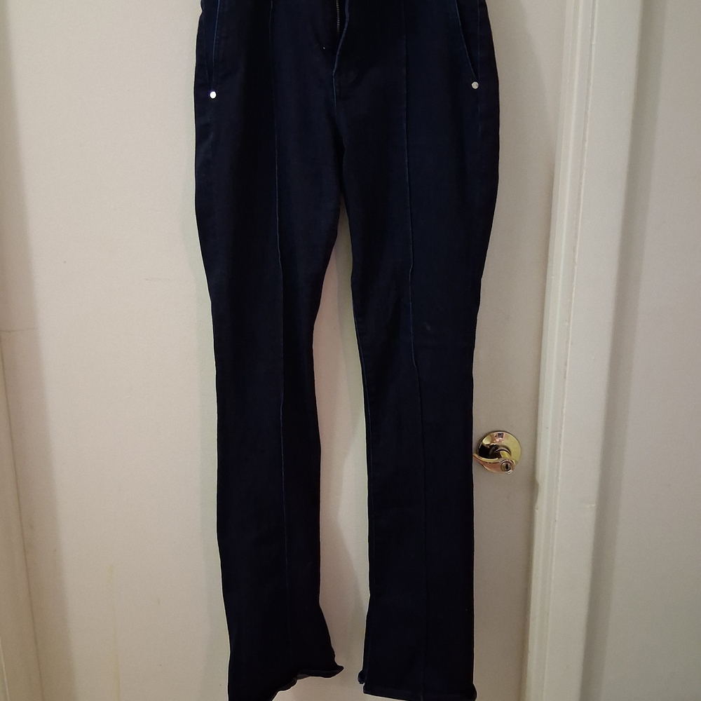 Express Dark Blue Women's Skyscraper Mid Rise Jeans. With Split Boot Flare
